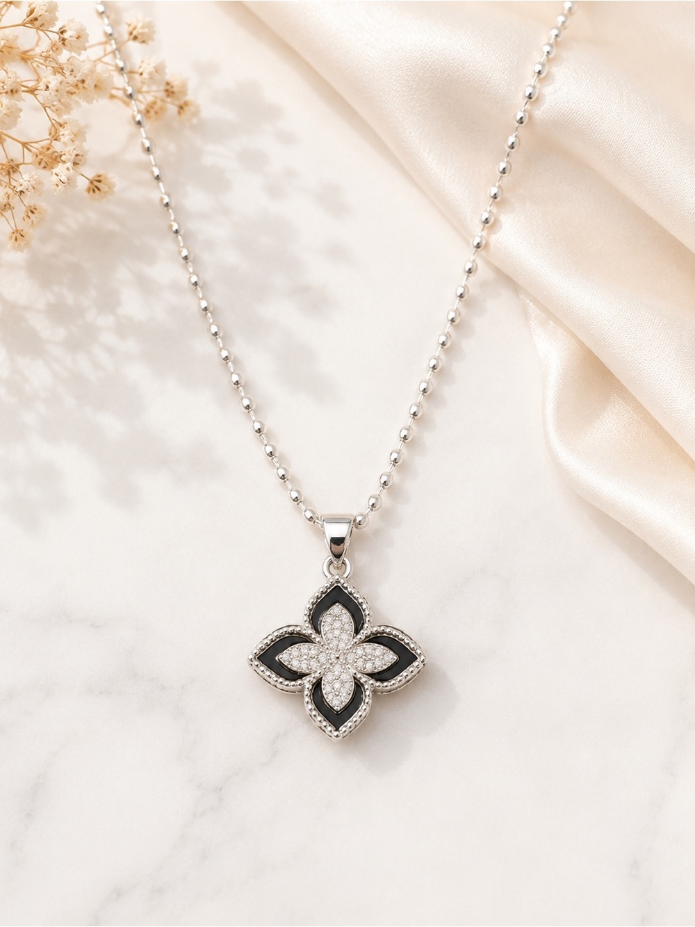 Silver Tone Crystal Quatrefoil Pendant Necklace | Elegant Clover Charm Necklace